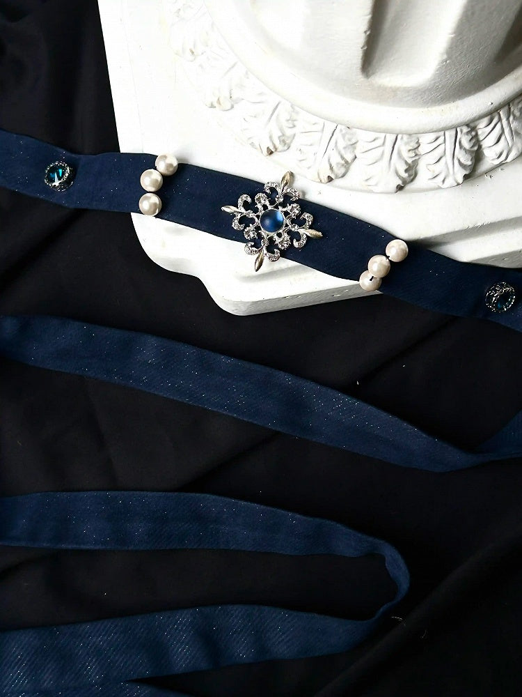 Rot/Weiß/Dunkelblau/Grau Gothic Lolita Taillengürtel mit Perlenverzierung