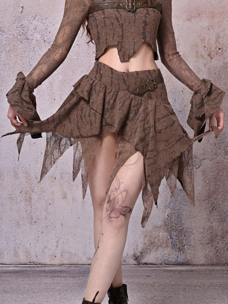 Strap Distressed Coffee Hem with Handkerchief Mini Punk Skirt Buckle PU