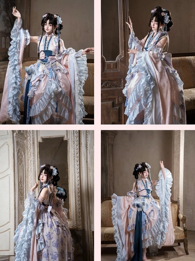 Porcelain Theme Asymmetrical Flounce Hem Lolita Dress Set with Detachable Sleeves - Your Highness