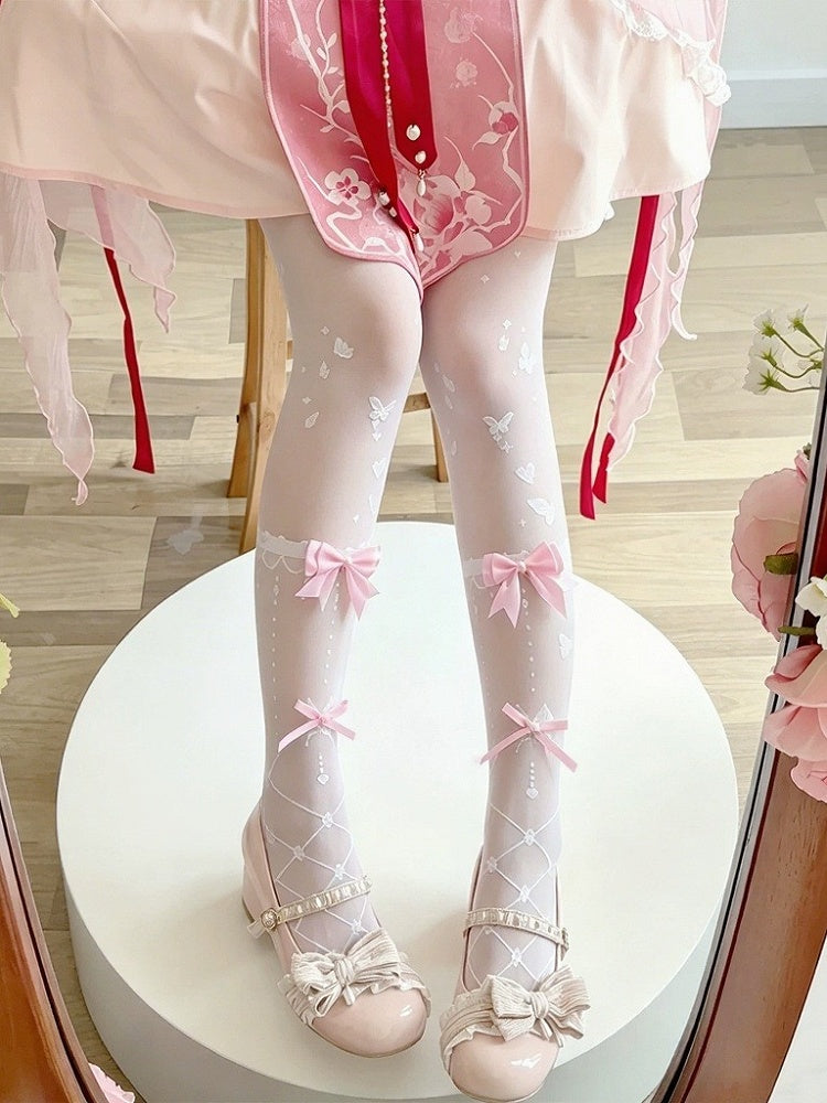 Lolita Overknee Stockings with Butterfly Print & Bows, 4 Colors - Milkcat Studio