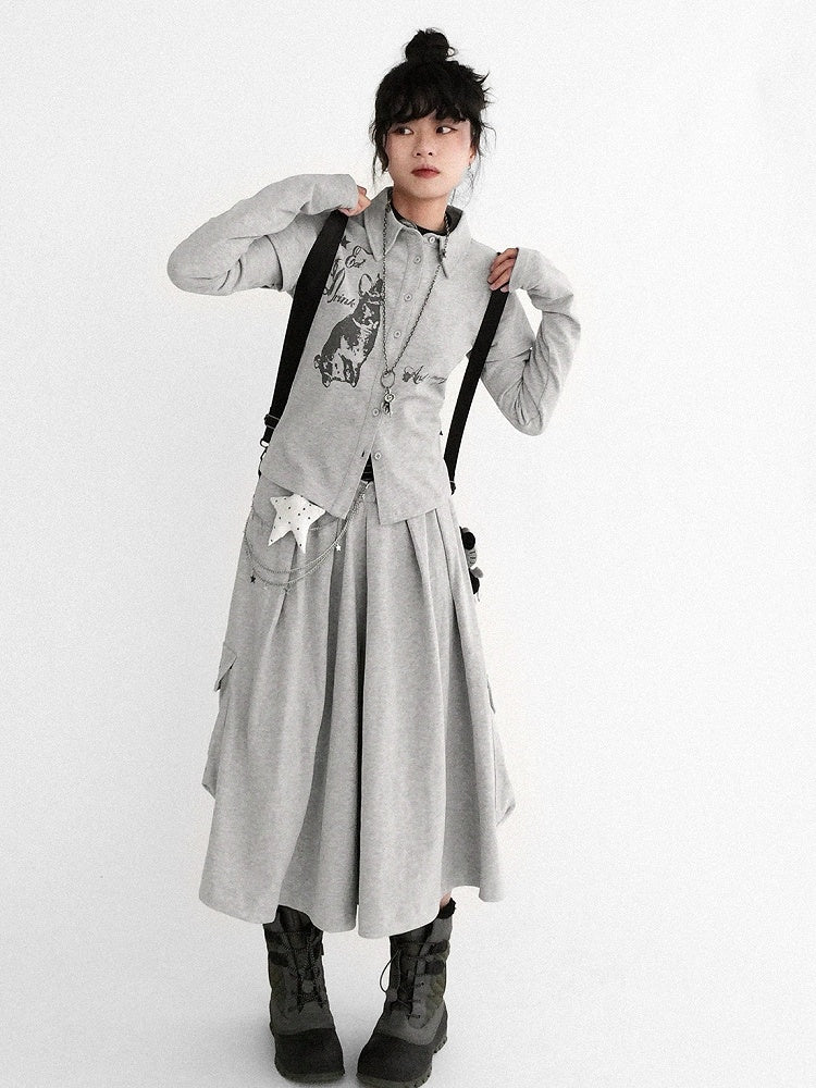 Gray Sleeve Long Two-piece - Print Top Bunny