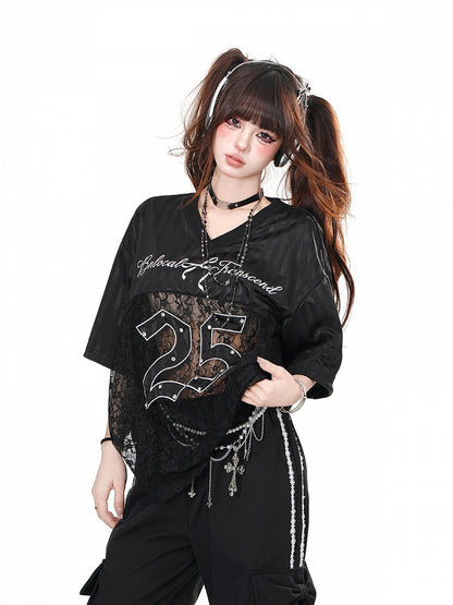 Black/White V-Neck Number Print Contrast Lace Patches Loose T-shirt