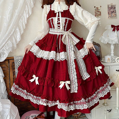 Rot Rosa Kleid Verstellbar Haus Stil Rüschen Rock Jumper Straps Lolita