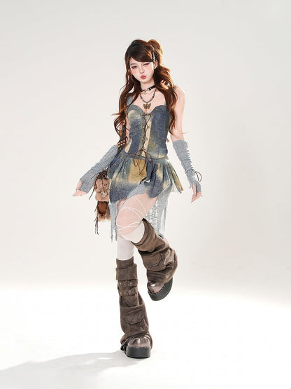 3点セット ブルー 油絵ピース レースアップフロント フード付きトップ +