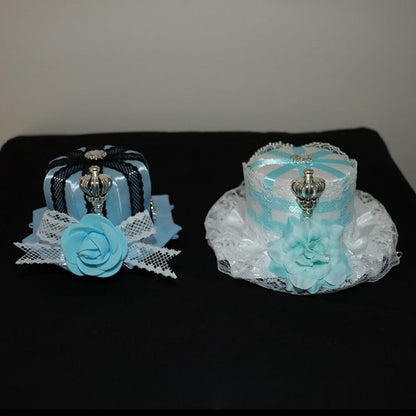 ブルー/ホワイトフローラルクラウンミニとデザイン装飾帽子ラインストーン