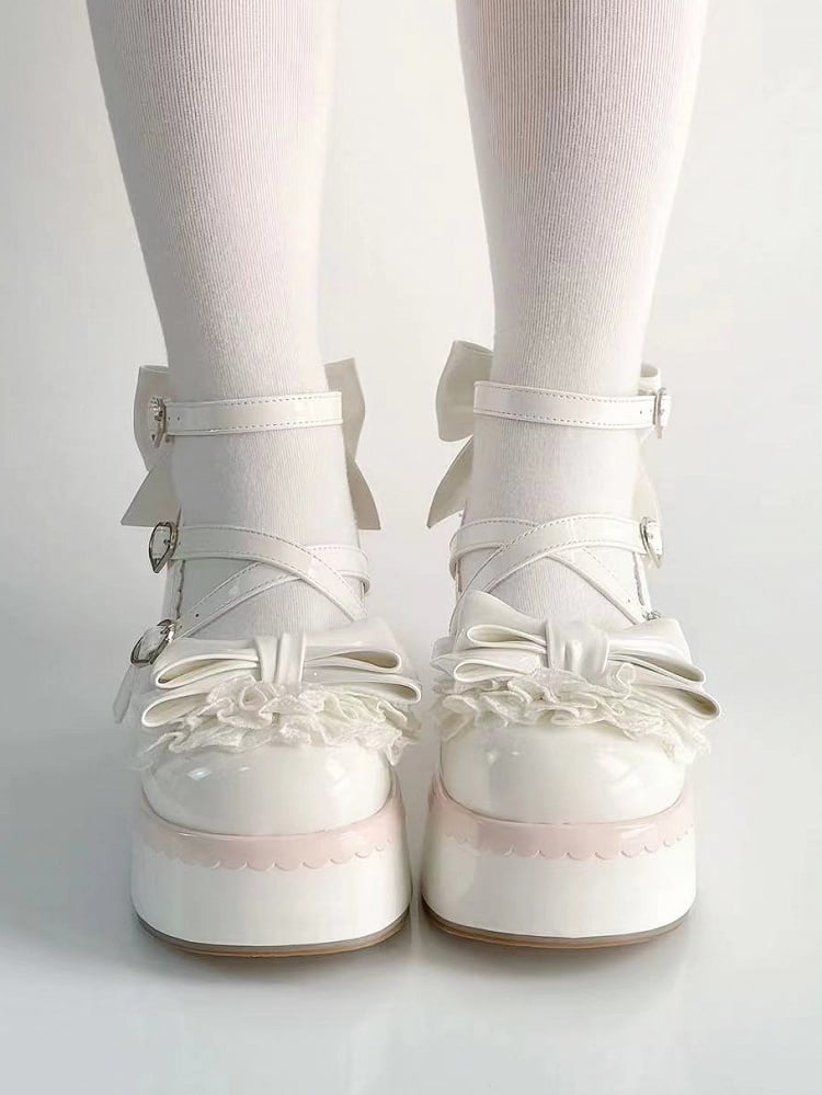 - Sweet White Lolita Multi-layer at Bow Lace Shoes Top Platform