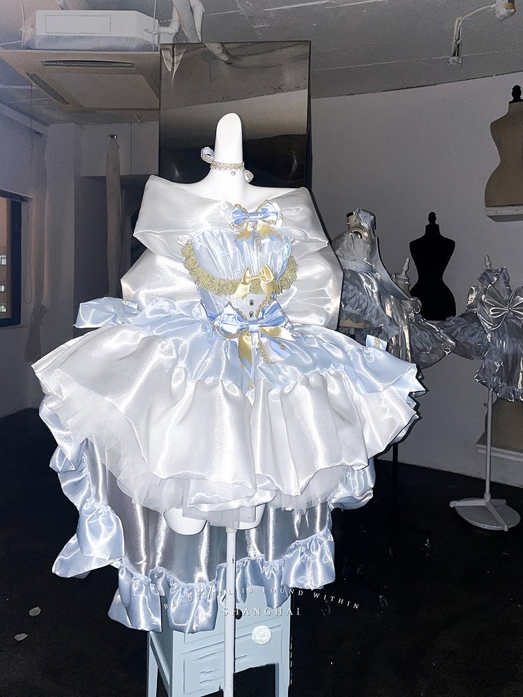 Bodice Neckline Princess Balletcore White Lolita Corset Blue Dress and Hime Off-the-shoulder