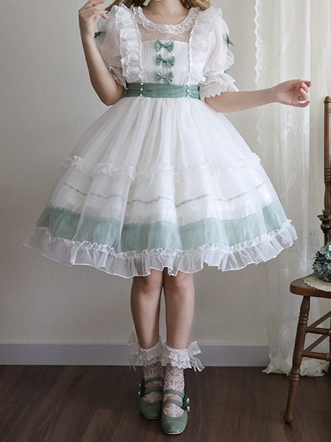 Dress Bow Ruffle with Accents Green Classic and White Lolita