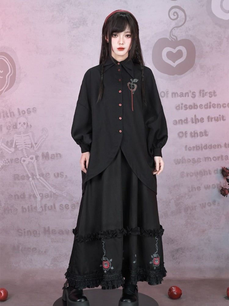 Asymmetrical Black Apple Hem Embroidery Sleeve Long With Shirt Curved Gothic