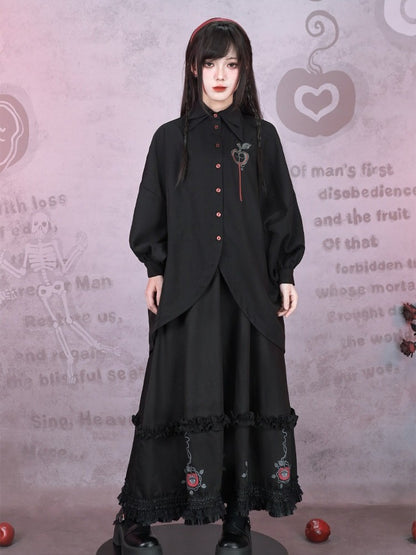 Asymmetrical Black Apple Hem Embroidery Sleeve Long With Shirt Curved Gothic