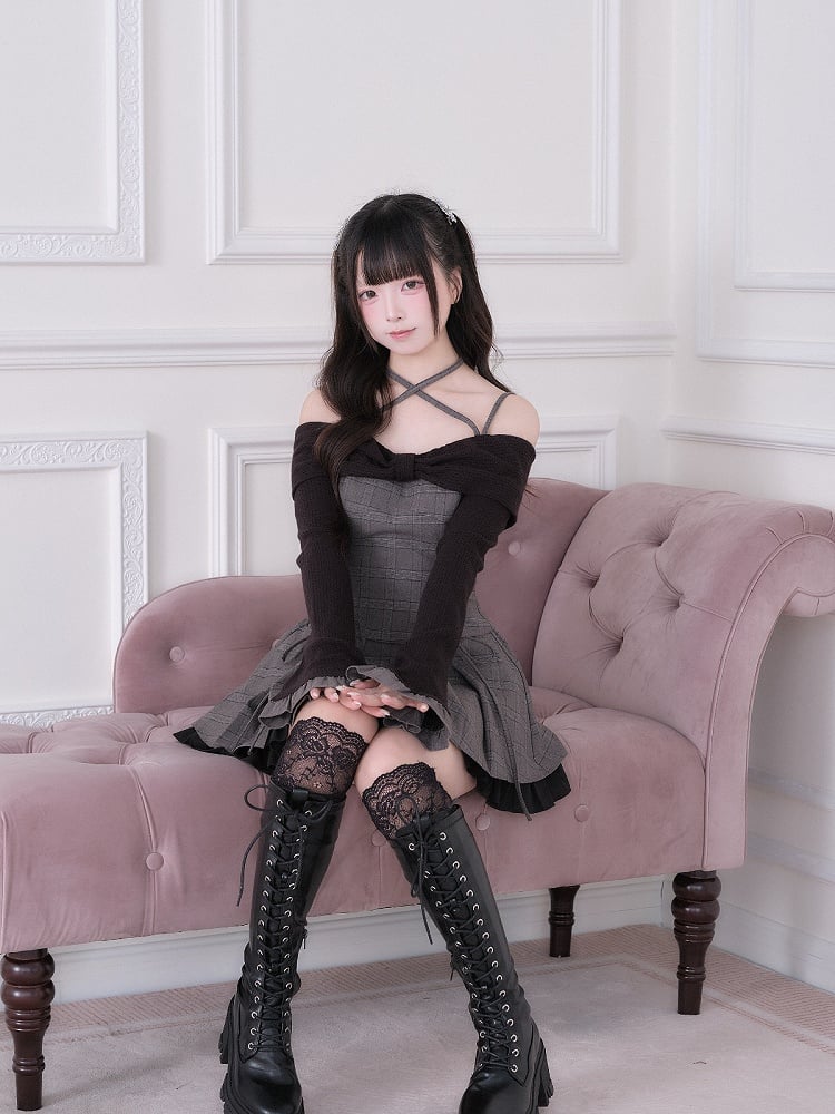 Jirai Set Crisscross Skirt Top Plaid + Off-Shoulder Gray Design Black Bow Long Ruffled With Sleeve Strap Kei