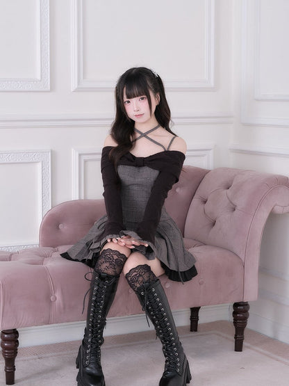 Jirai Set Crisscross Skirt Top Plaid + Off-Shoulder Gray Design Black Bow Long Ruffled With Sleeve Strap Kei