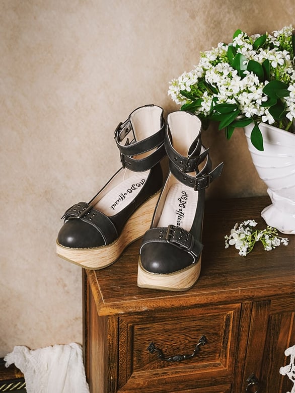 Steampunk Platform Gray PU Accents Buckle Ankle Fastening Janes Mary Snap Dual Dark -