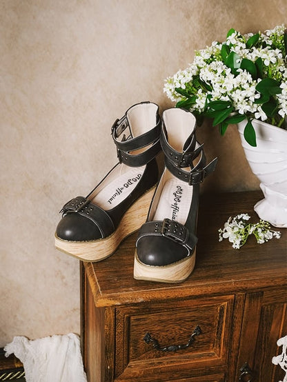 Steampunk Platform Gray PU Accents Buckle Ankle Fastening Janes Mary Snap Dual Dark -