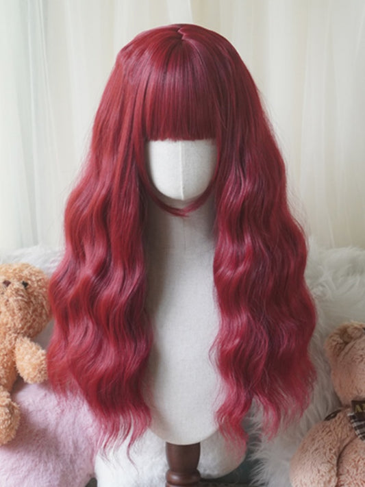 Rot/Rosa/Grün/Lila/Staubblau/Orange, lange, gewellte Perücke mit vollem Pony