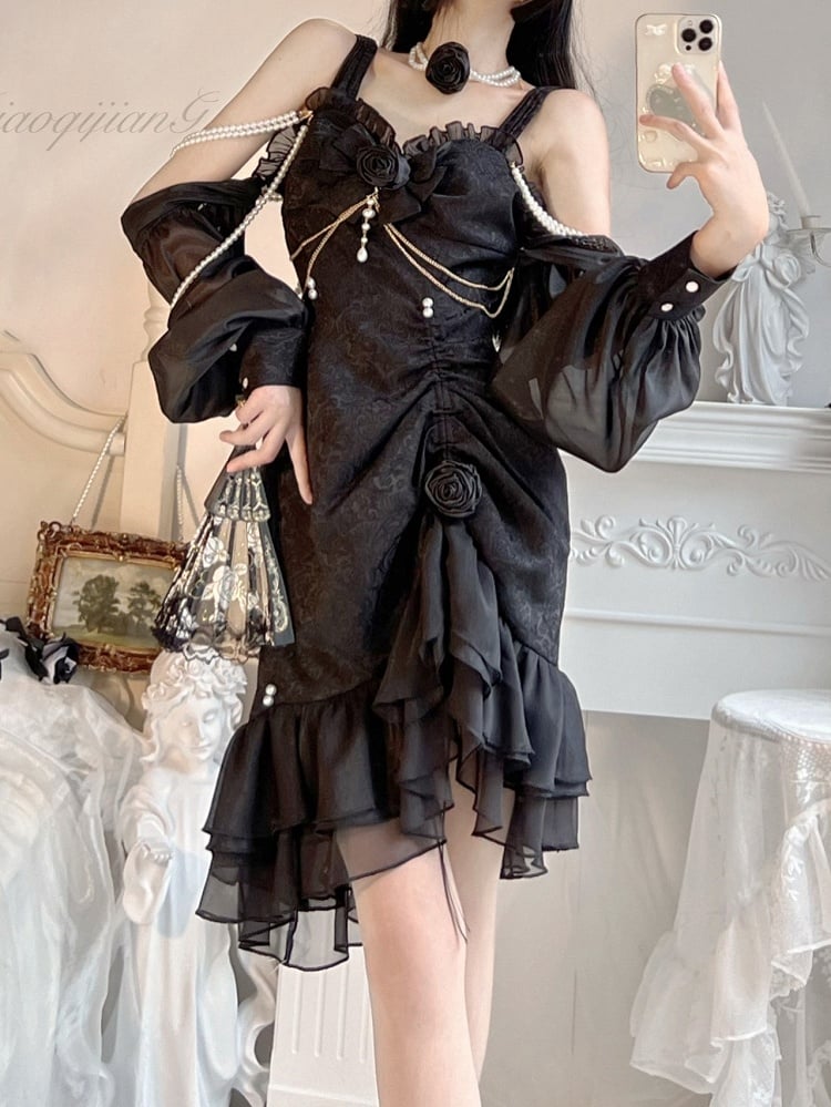 Perlen-Jacquard-Rüsche, Kamelie, Schwarz, Lolita, Meerjungfrau, Dekorationsdetail, JSK, Rosensaum