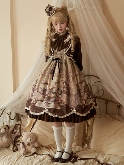 Drucken Lolita Zwei Teddy Haus Stücke Kleid Kaffee Design Lange Grüne Ärmeln