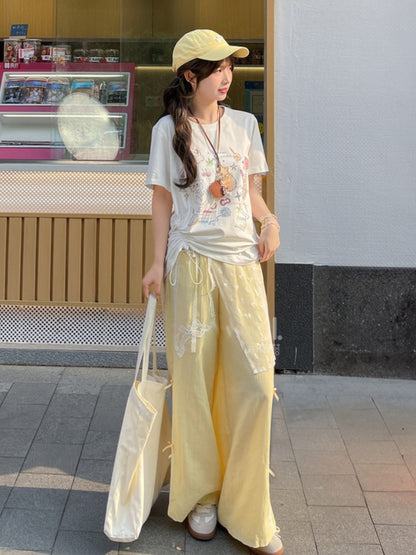 Hose mit weitem Bein und Schleifenstickerei, Gelb, normale/kurze Version, hohe Taille