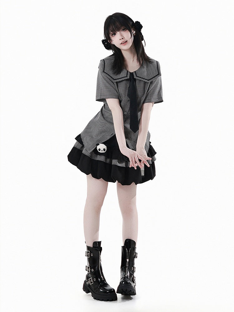 Bow Back Black Square Collar Self-tie Plaid Blouse with Necktie