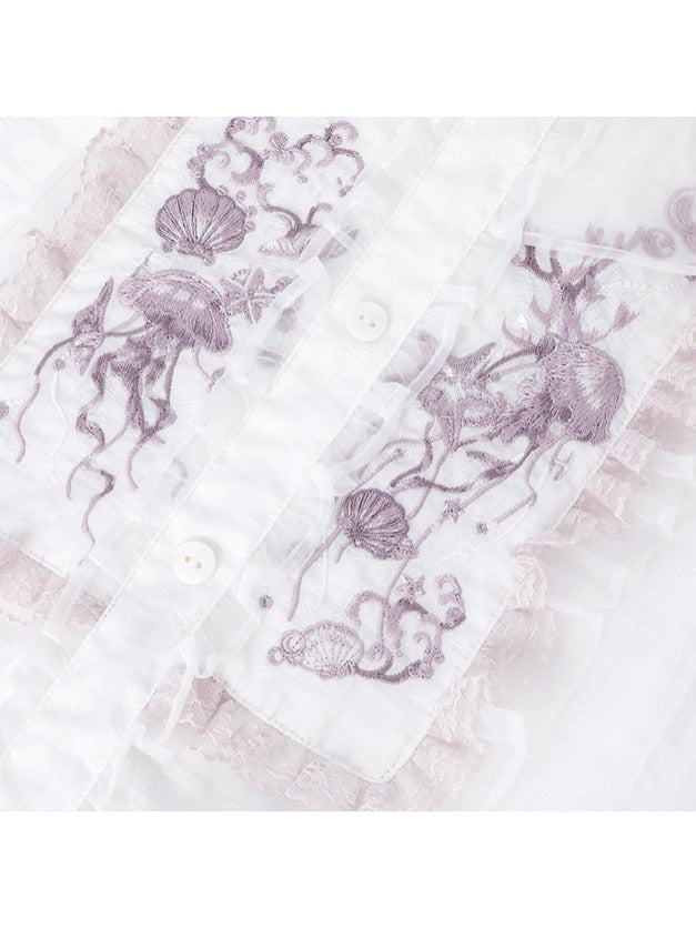 Summer Lolita Top & Skirt Set with Floral Embroidery and Lace - Yimu Walnut