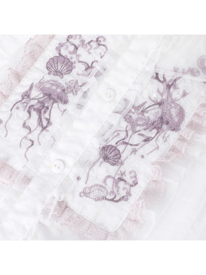 Summer Lolita Top & Skirt Set with Floral Embroidery and Lace - Yimu Walnut