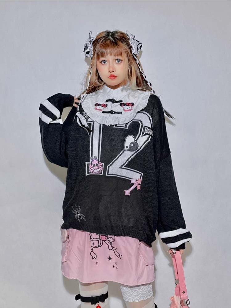 Black Kitty Spiderand Cross Skeleton Appliques Oversized Top