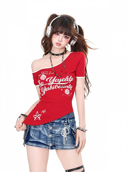 Black/Red Asymmetrical Neckline and Hem Letter Print Glamorous T-Shirt