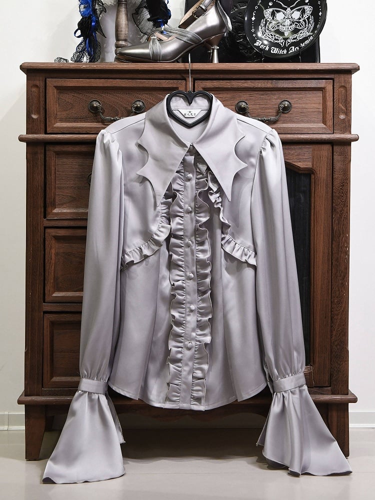 Details Satin Shirt Collar Ruffle with Gray Lolita Gothic Bat-Wing Light