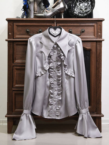 Details Satin Shirt Collar Ruffle with Gray Lolita Gothic Bat-Wing Light