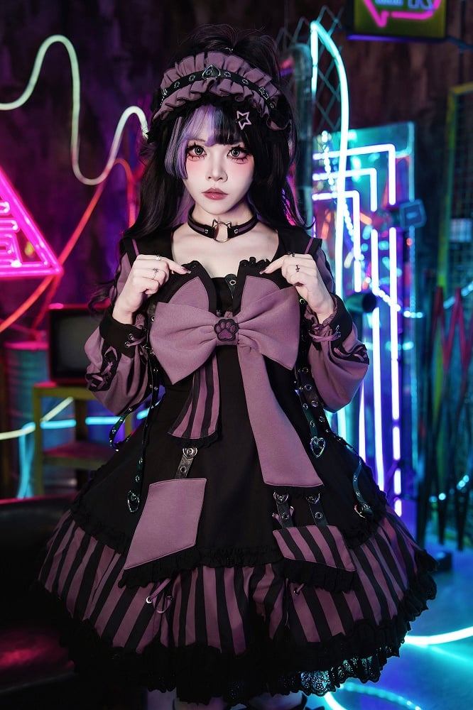 Kitty Gothic Striped + JSK Top Bow and Dress Pattern Ears Black Sailor Collar Lolita Big Purple Cropped