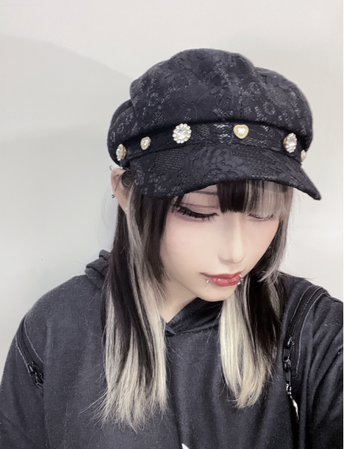 Bead Kei Black Eight-panel Embellishment Hat with Beret Rhinestone Lace Jirai