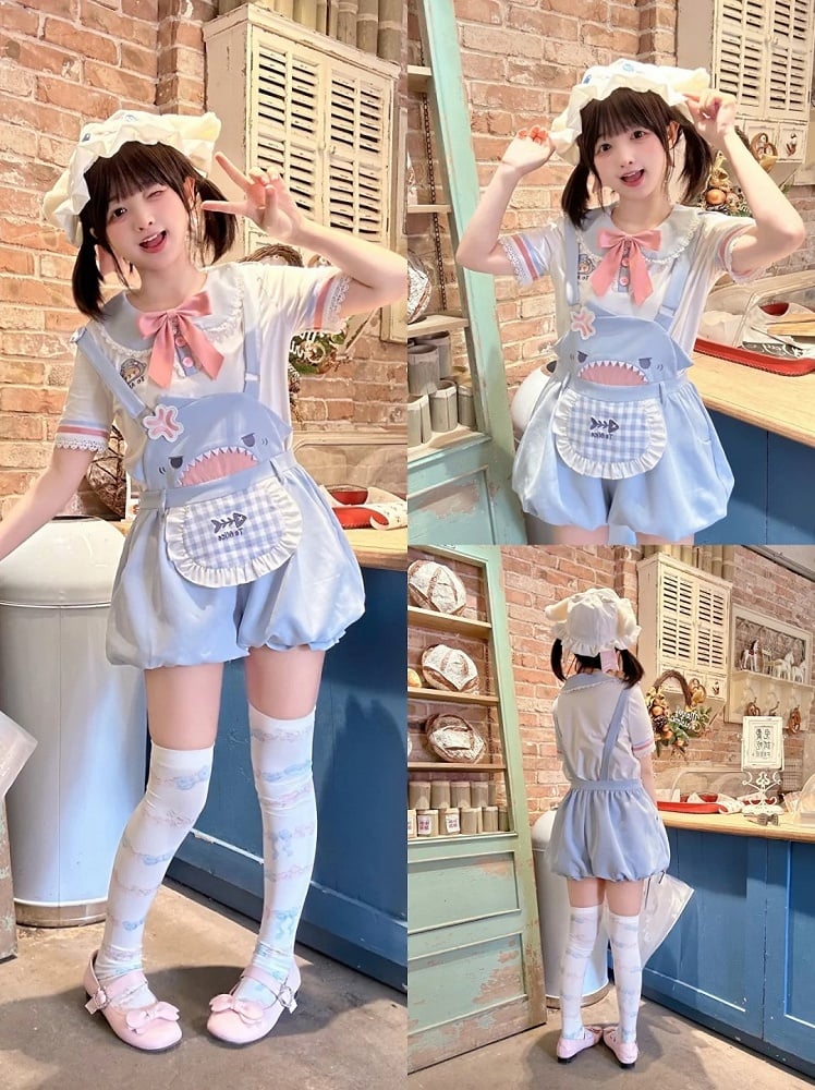 Shorts Bubble Shark Light Blue  Apron Design Overalls