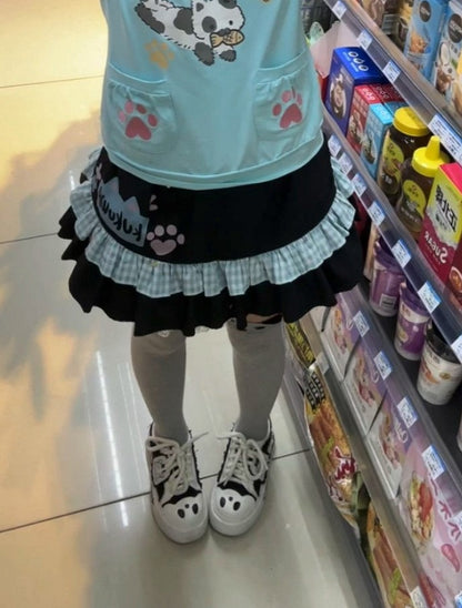Pattern with Ruffle Kawaii Tiered Trim Skirt Black Cat Daily Plaid Paw