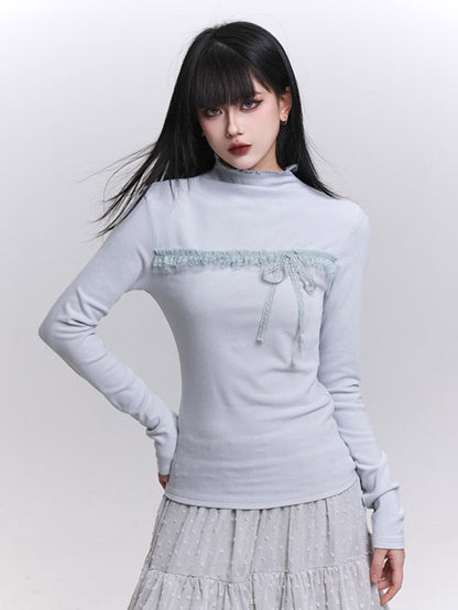 Gray/Beige/Blue Long Sleeve Fitted Top with Ruffled Lace Trim