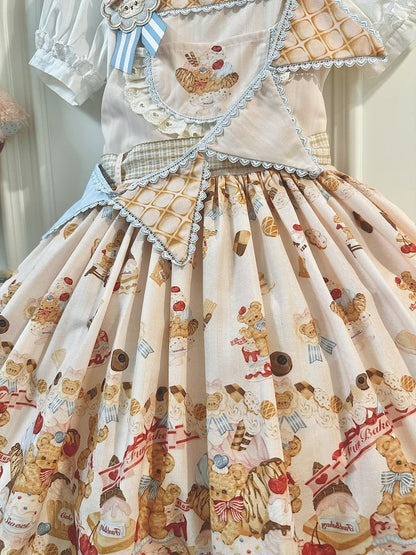 Beiges süßes Lolita-Overallkleid mit Teddybär und Dessert