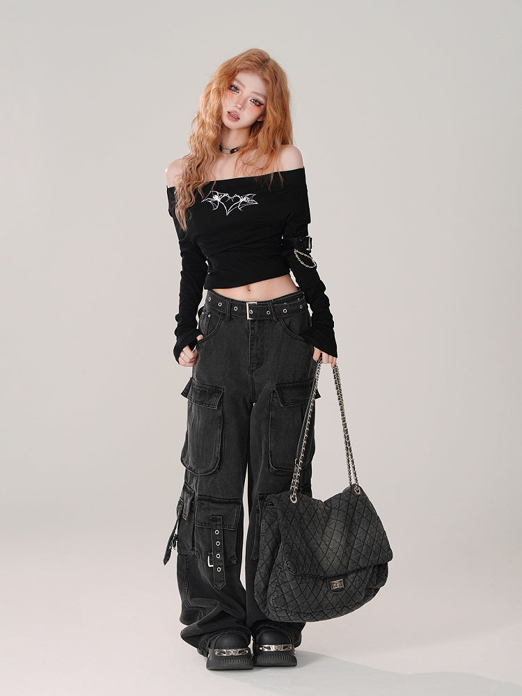 Straps Eyelet Low-Waist Wide-Leg Cargo Jeans Dangling Details with Black