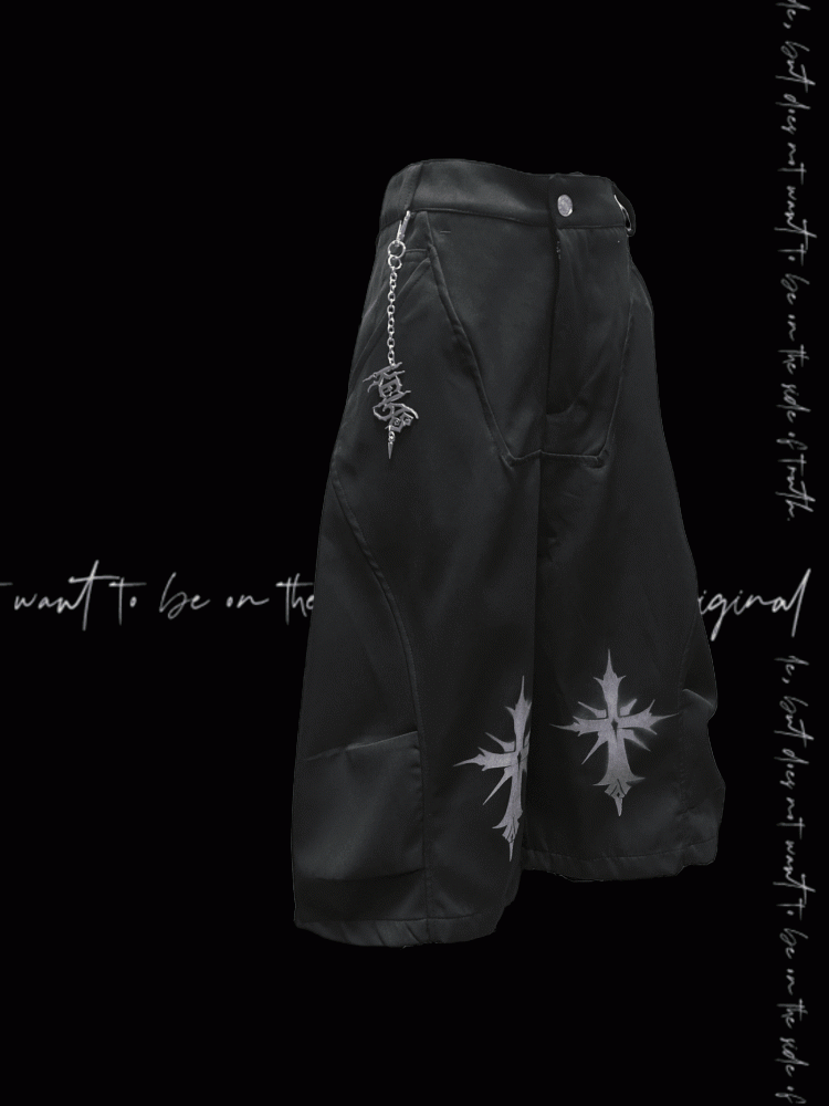 ロックY2Kワイドレッグパンツフリーチャームブラッククロスプリントパンク