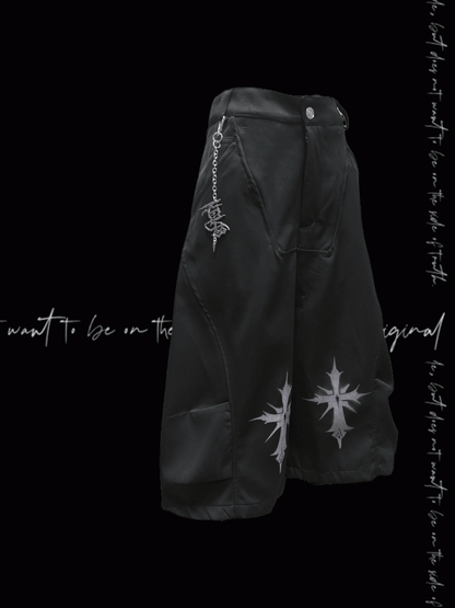 ロックY2Kワイドレッグパンツフリーチャームブラッククロスプリントパンク