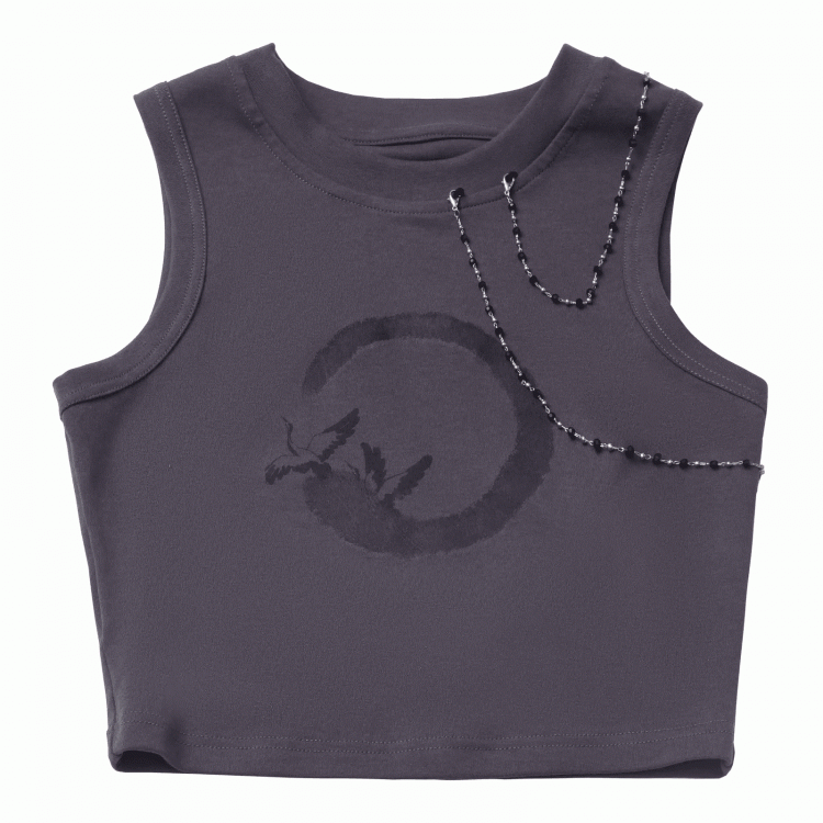 Dunkelgraues, kurzes, abnehmbares Tanktop mit Kranich-Print und Perlenketten