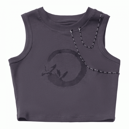 Dunkelgraues, kurzes, abnehmbares Tanktop mit Kranich-Print und Perlenketten