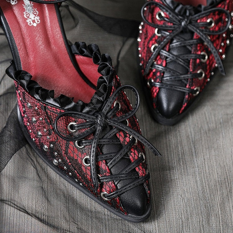 Studded Details Pointed - Cross Lacing Toe High Heels Accents with Gothic Red