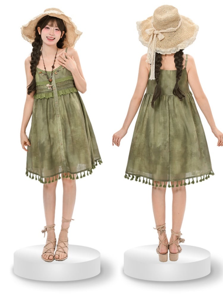 Mori Kei Cami Dress Embellished Neckline Green Tassel Hem Buttons