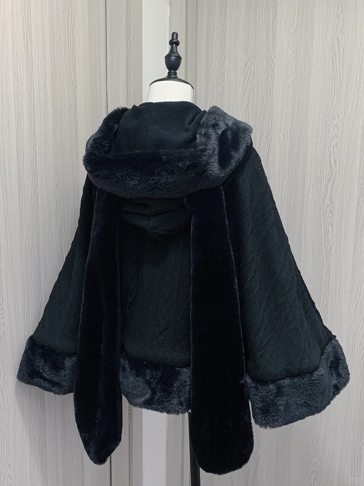 デザイン取り外し可能なプラッシュケープ、蝶結びフード、ジライケイブラックバニーイヤー