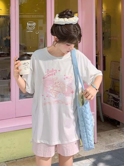 Pink Bunny Print White Round Neck Loose Sweet T-shirt