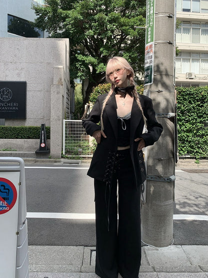 Black Pants Detailing Suit Wide-Leg with Lace-Up