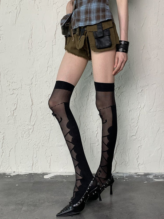 セミシーアンカーラダープリントオーバーY2Kニー＆ストッキングブラック