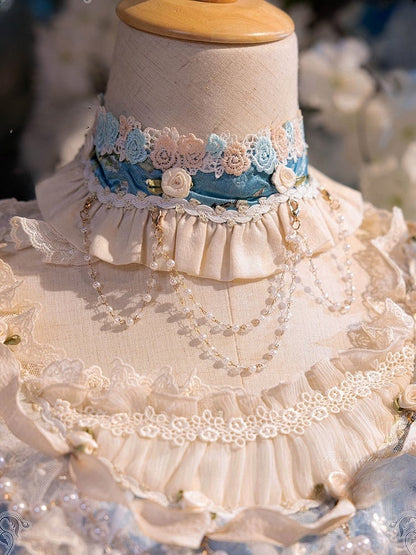 Choker Bead and Chains Blue White Ruffled Lolita Accents with Flower