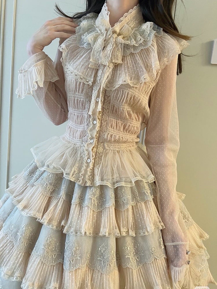 Beige Elegant Lolita Sleeves Blouse with Hem Ruffled Long