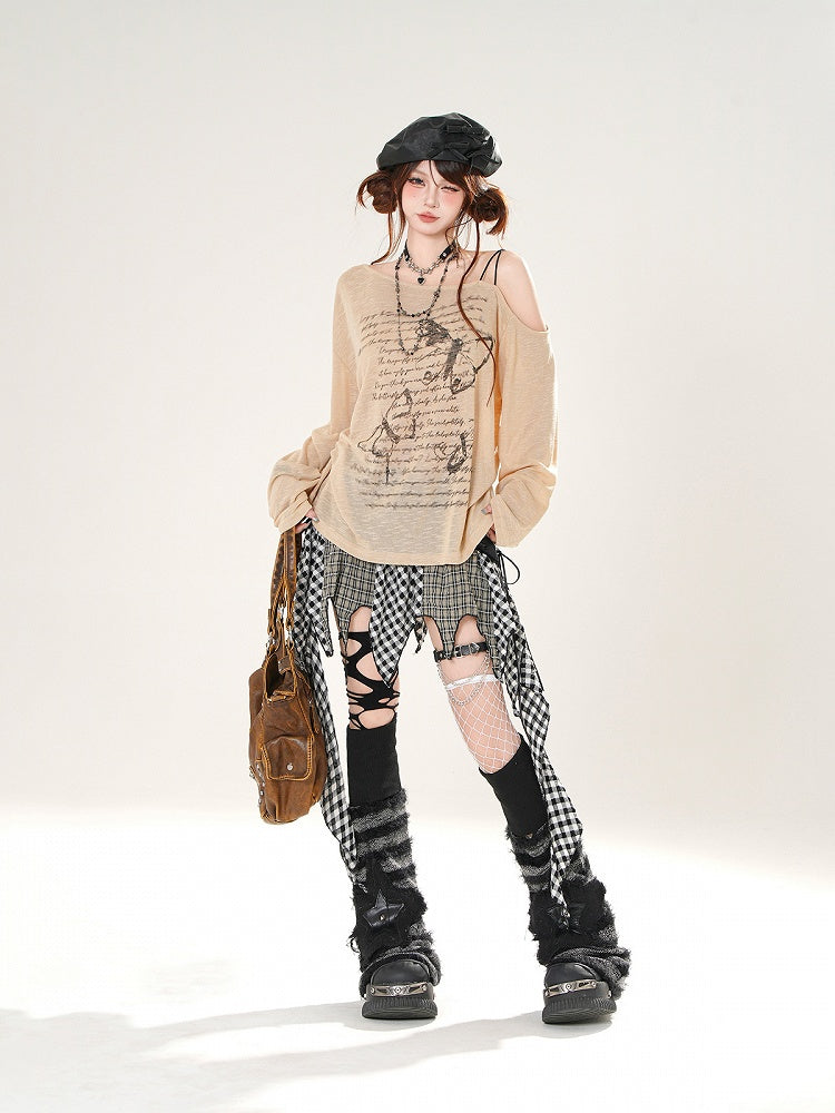 Butterfly Print Asymmetrical Neckline Khaki/White Coverup Semi-sheer