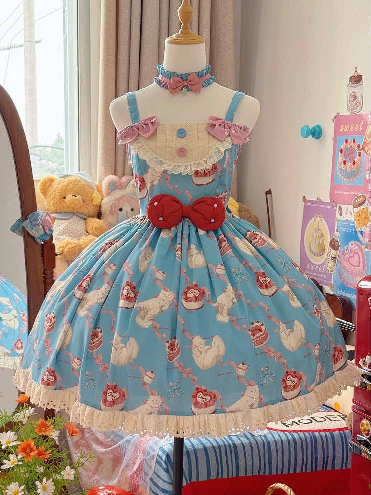 Lolita Blue Print Showa Sweet Cake Fashion Cherry und Kleid Kitty